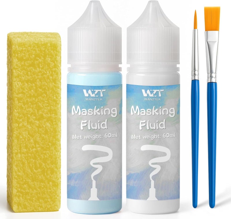 WAN2TLK 2Pcs Masking Fluid for Watercolor Painting with a Paintbrush and Eraser - Art Masking Fluid Pen Watercolor Medium Art Supplies for Artists - 60ml Blue+60ml White - Image 1